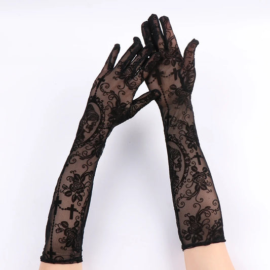 Gants en Dentelle Noire – Motifs Floraux