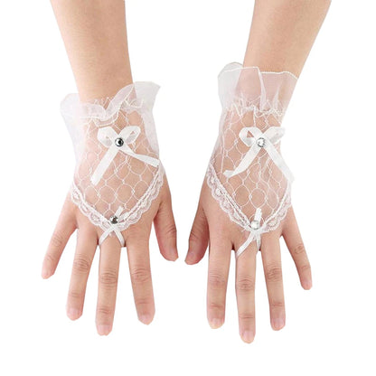 Mitaines Voile Noir – Nœud Satiné & Perle Élégante