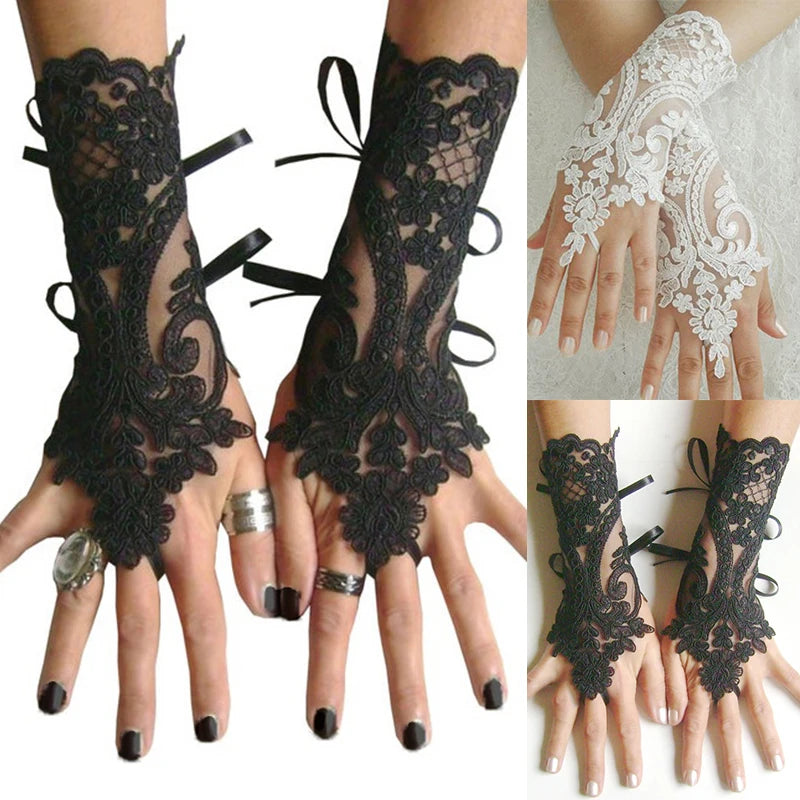 Mitaines Dentelle Noire – Style Mariée Vintage & Rubans Satinés