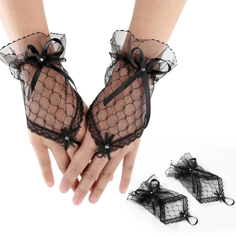 Mitaines Voile Noir – Nœud Satiné & Perle Élégante