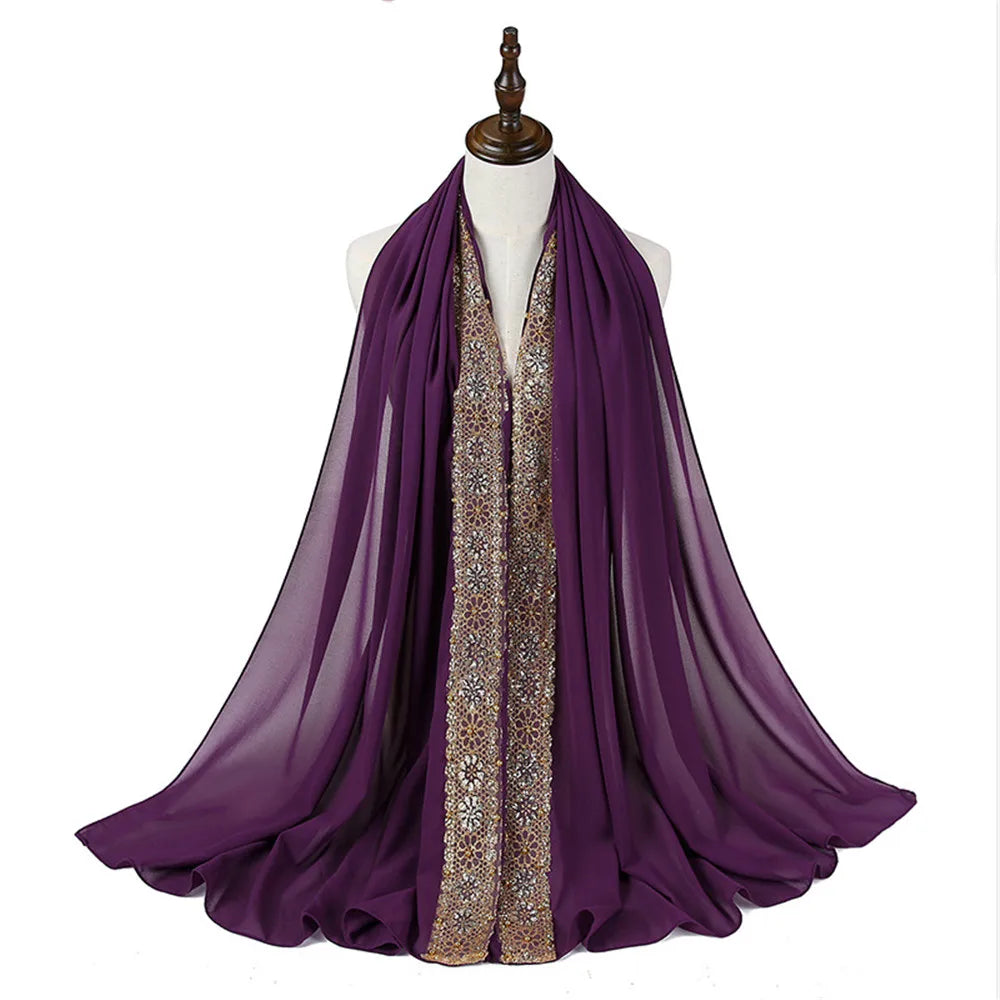 Foulard Noir de Luxe Femme – Voile Élégant avec Broderies Dorées & Détails Raffinés