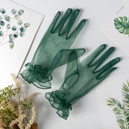 Gants Courts en Voile Transparent – Détails Pois et Nœud Élégant