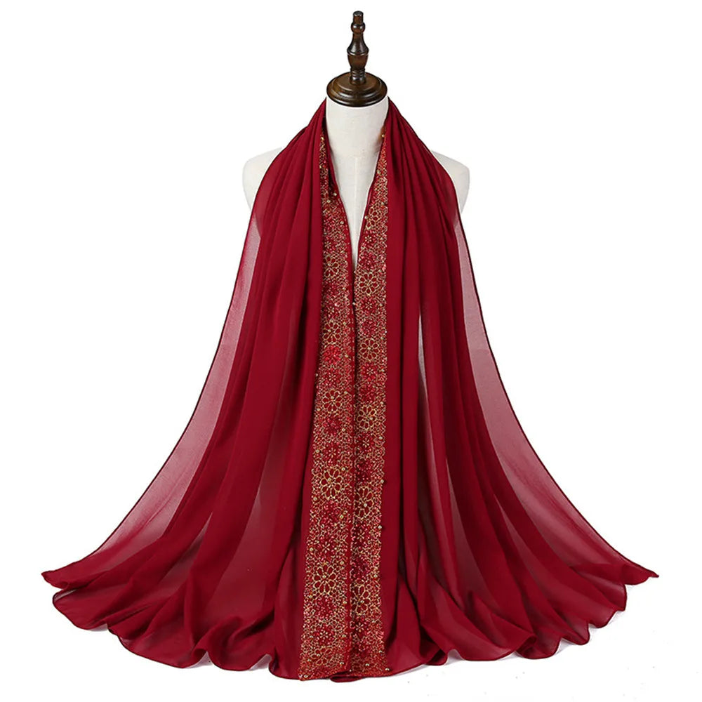 Foulard Noir de Luxe Femme – Voile Élégant avec Broderies Dorées & Détails Raffinés