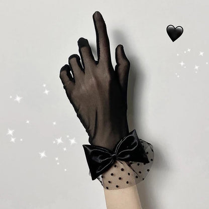Gants Courts en Voile Transparent – Détails Pois et Nœud Élégant