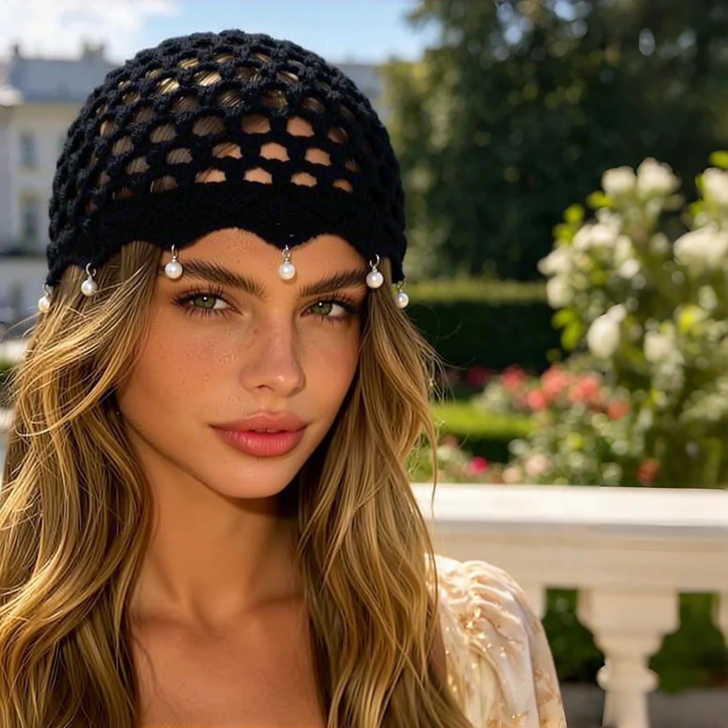 Bonnet Bohème en Maille Ajourée avec Pendentifs en Perles