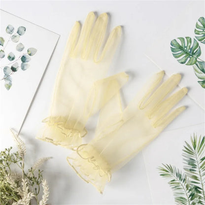 Gants Courts en Voile Transparent – Détails Pois et Nœud Élégant