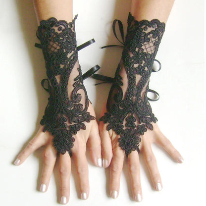 Mitaines Dentelle Noire – Style Mariée Vintage & Rubans Satinés