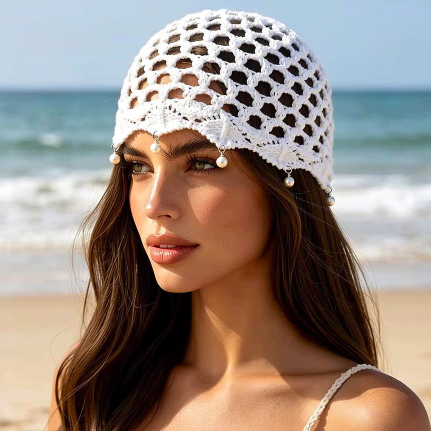 Bonnet Bohème en Maille Ajourée avec Pendentifs en Perles
