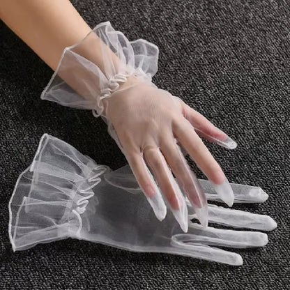 Gants Courts en Voile Transparent – Détails Pois et Nœud Élégant