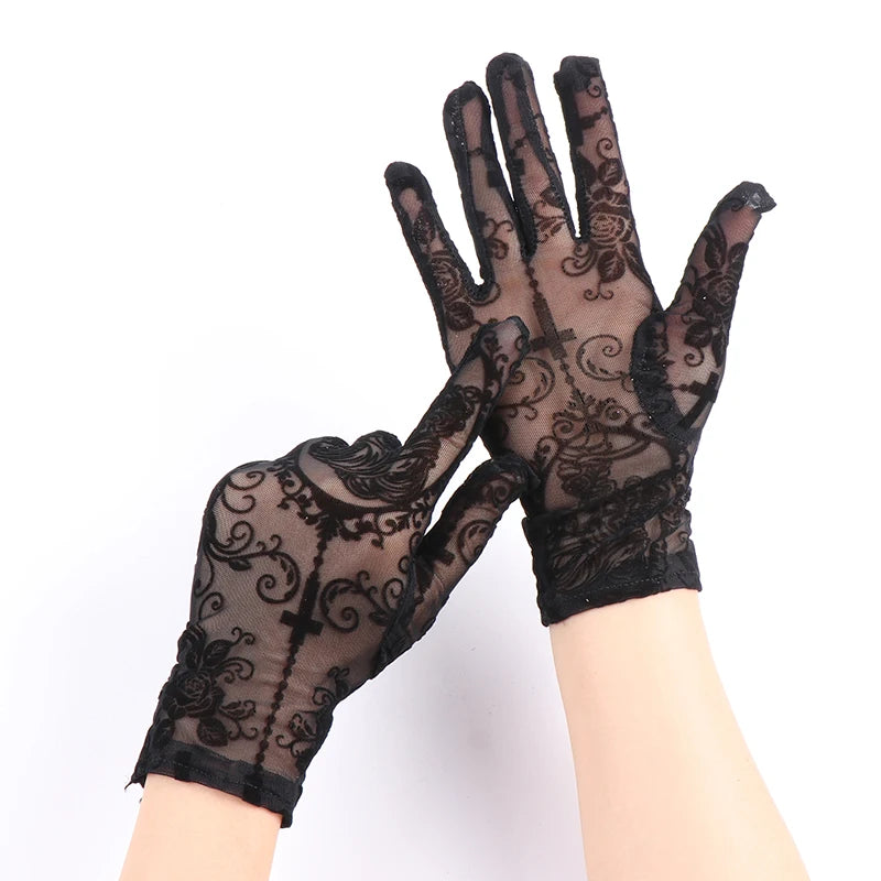 Gants Longs en Dentelle Noire – Élégance Glamour & Motifs Floraux