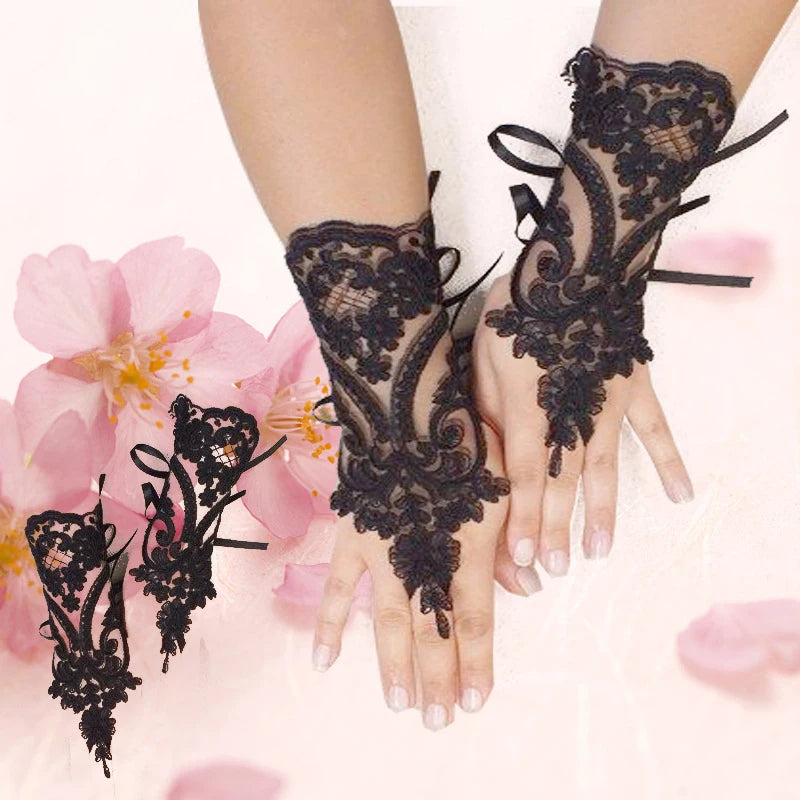 Mitaines Dentelle Noire – Style Mariée Vintage & Rubans Satinés