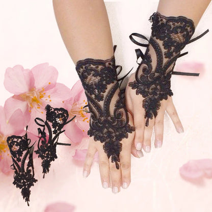 Mitaines Dentelle Noire – Style Mariée Vintage & Rubans Satinés