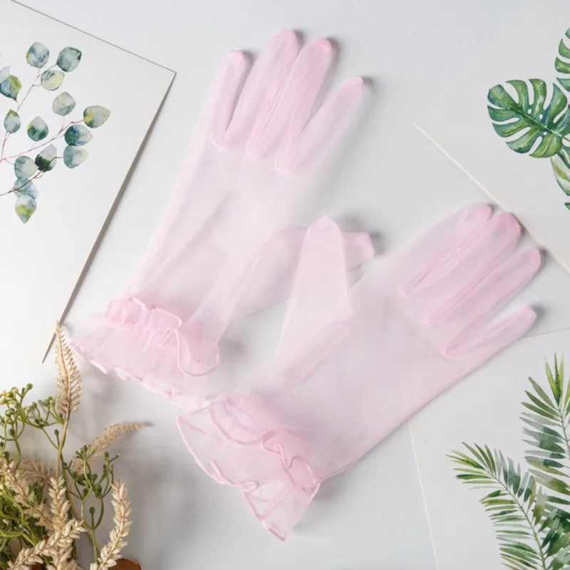 Gants Courts en Voile Transparent – Détails Pois et Nœud Élégant
