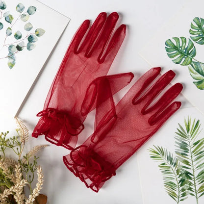 Gants Courts en Voile Transparent – Détails Pois et Nœud Élégant