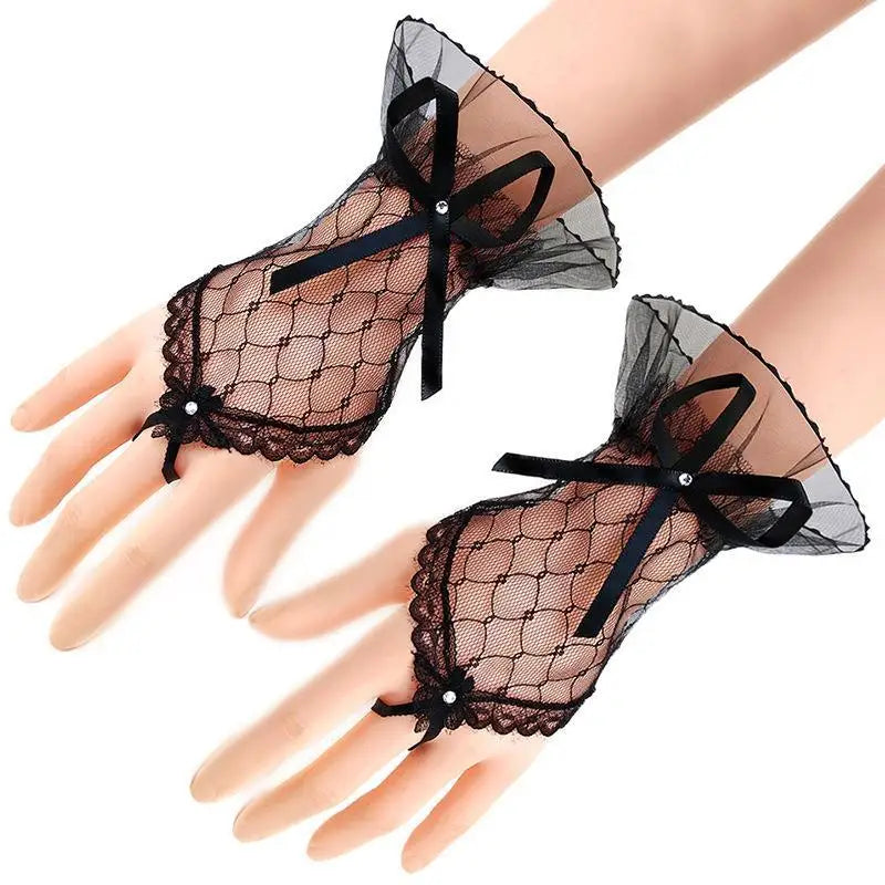 Mitaines Voile Noir – Nœud Satiné & Perle Élégante