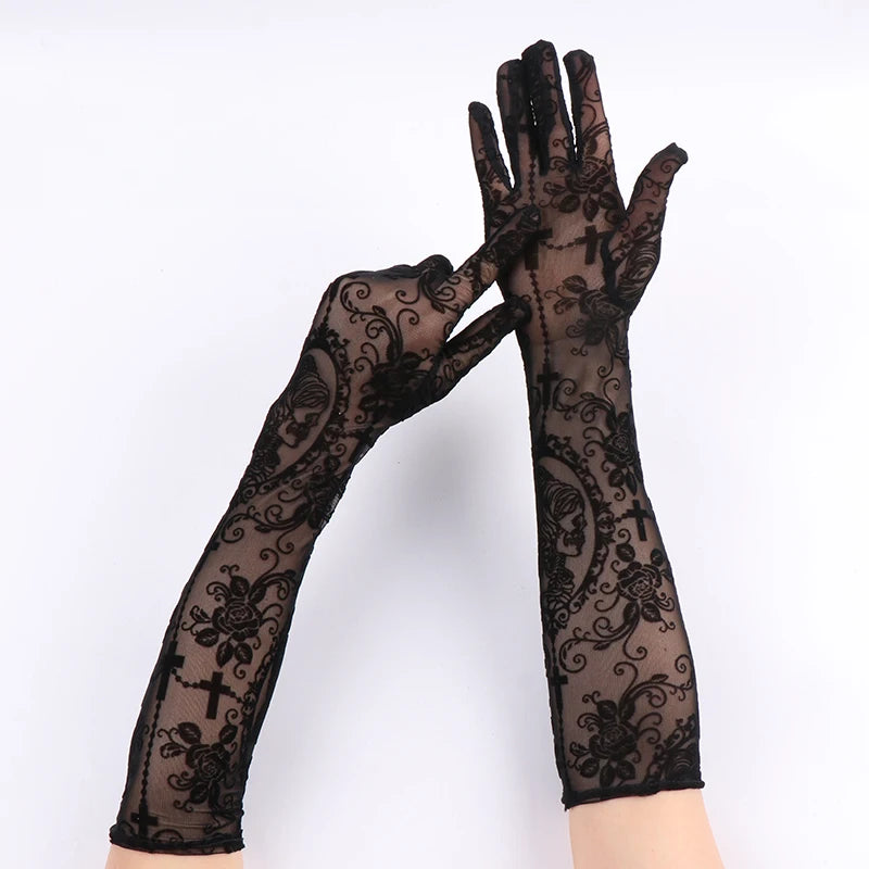 Gants Longs en Dentelle Noire – Élégance Glamour & Motifs Floraux