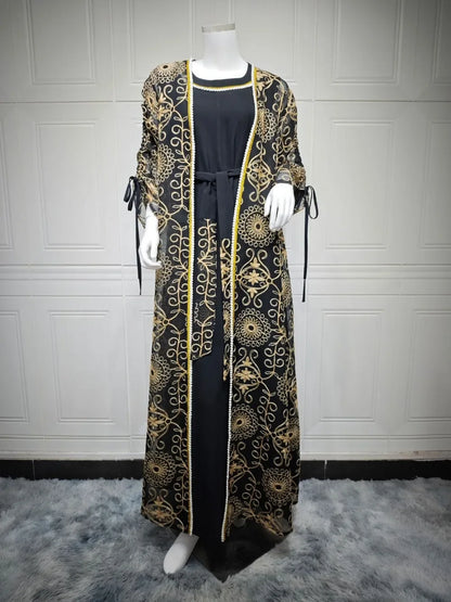 Abaya Femme 2 Pièces Royale – Cardigan Brodé & Robe Élégante