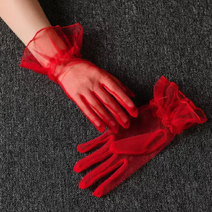 Gants Courts en Voile Transparent – Détails Pois et Nœud Élégant