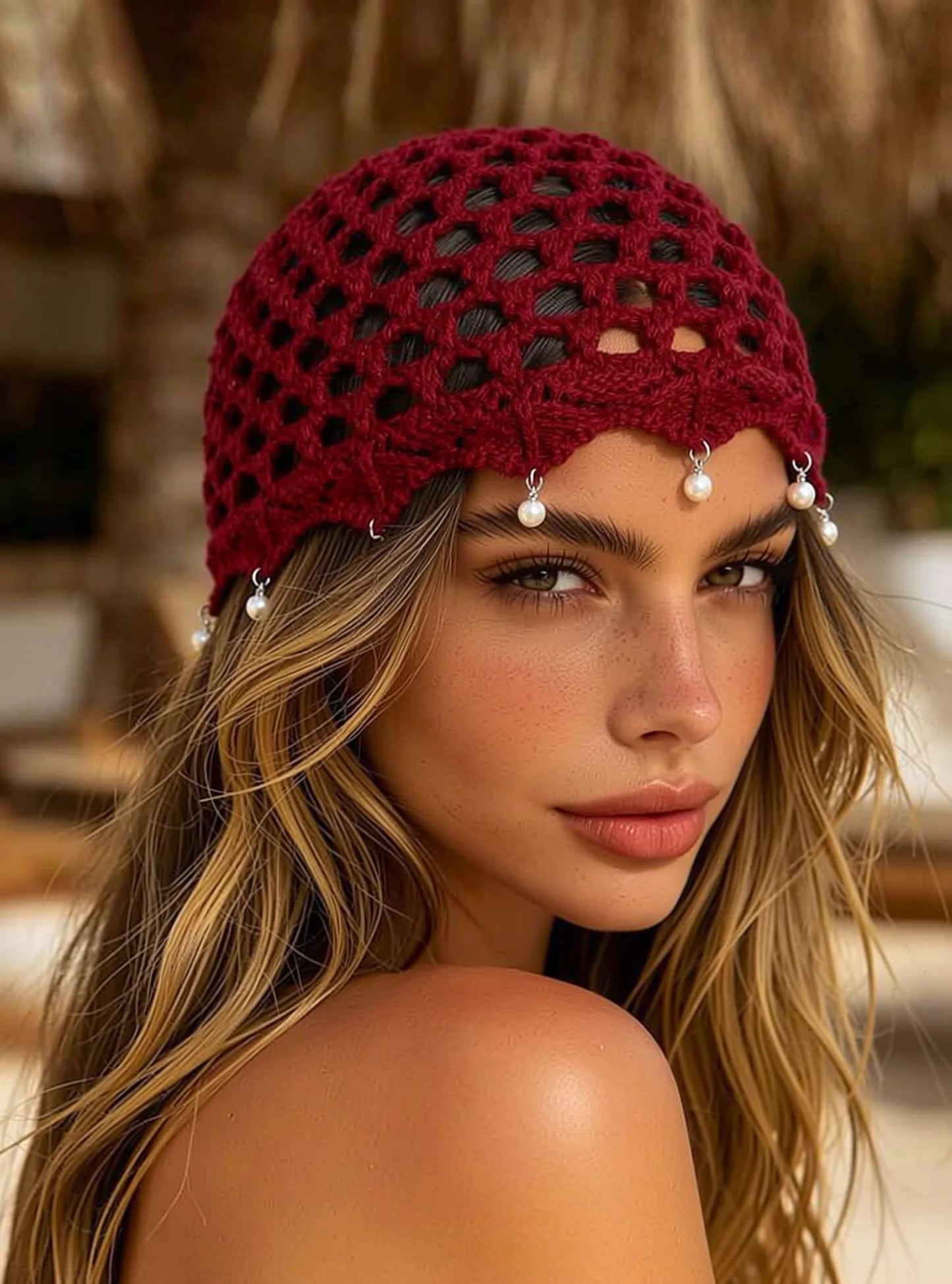 Bonnet Bohème en Maille Ajourée avec Pendentifs en Perles
