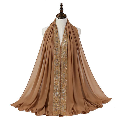 Foulard Noir de Luxe Femme – Voile Élégant avec Broderies Dorées & Détails Raffinés