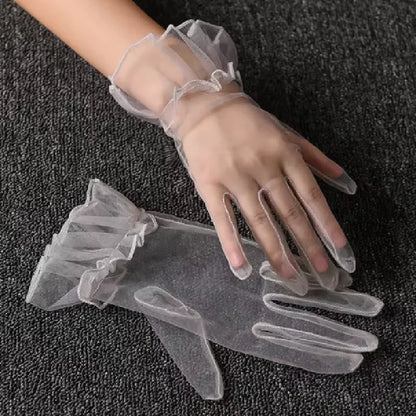 Gants Courts en Voile Transparent – Détails Pois et Nœud Élégant