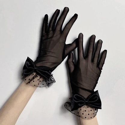 Gants Courts en Voile Transparent – Détails Pois et Nœud Élégant