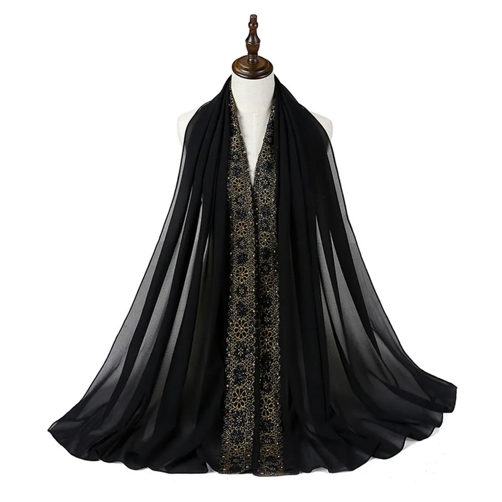 Foulard Noir de Luxe Femme – Voile Élégant avec Broderies Dorées & Détails Raffinés