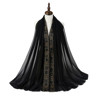 Foulard Noir de Luxe Femme – Voile Élégant avec Broderies Dorées & Détails Raffinés
