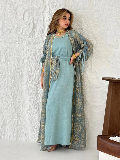 Abaya Femme 2 Pièces Royale – Cardigan Brodé & Robe Élégante