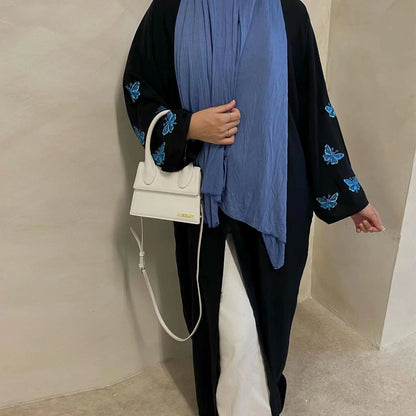 Abaya Kimono Noire Brodée Papillons – Tenue Modeste Élégante