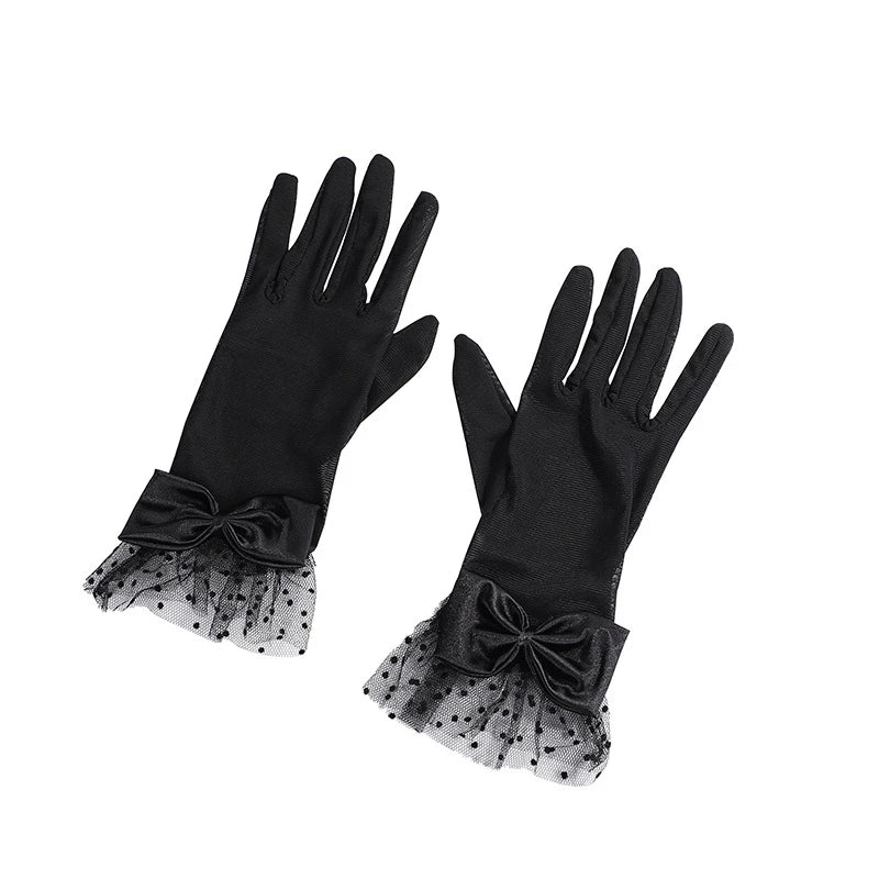 Gants Courts en Voile Transparent – Détails Pois et Nœud Élégant