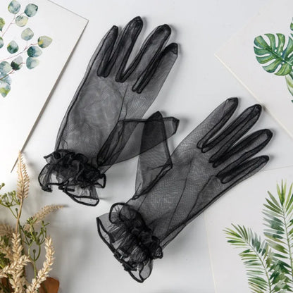 Gants Courts en Voile Transparent – Détails Pois et Nœud Élégant