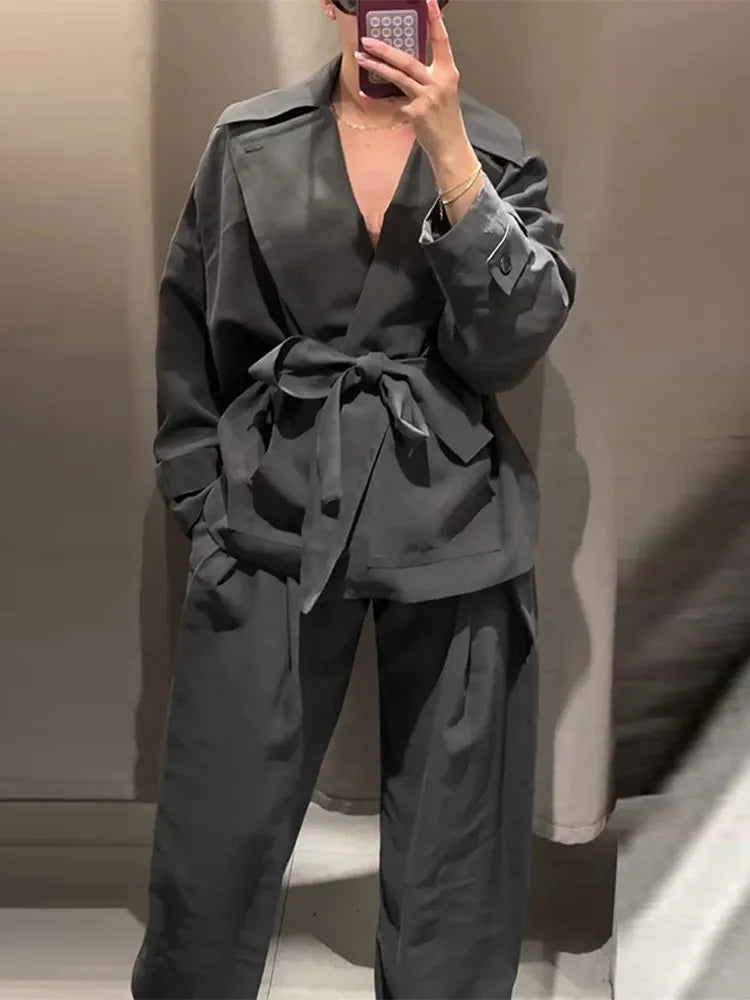 Ensemble Pantalon Femme – Veste à Revers Coupe Ample